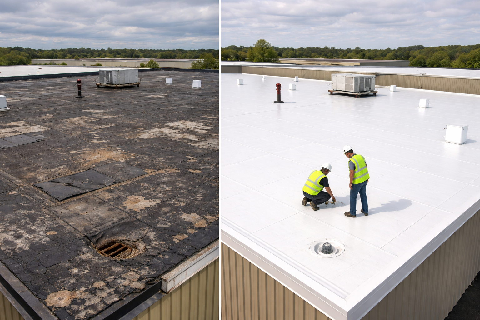 Commercial TPO EPDM flat roof installation New Hampshire — before and after