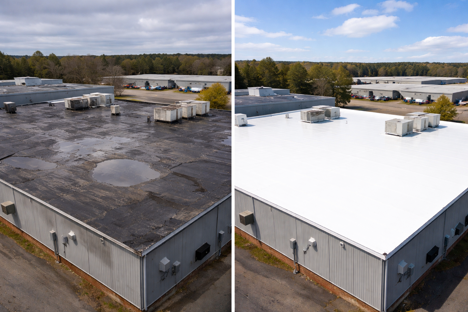 Commercial roof coating restoration Massachusetts — before and after